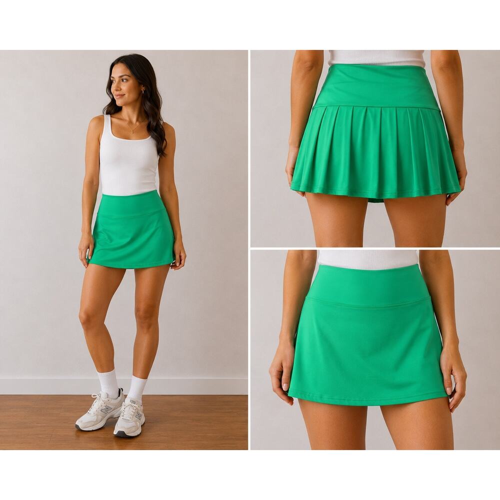 Green High Rise Skirt approx size 10 Skirt with Shorts Under Pleated Back
